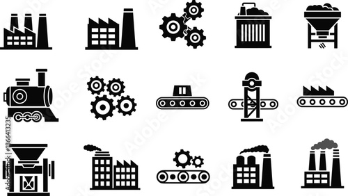Industrial Factory and Manufacturing Icons Set, Black Silhouette Industry Symbols Collection for Production, Engineering, Automation, Logistics and Heavy Industry Design