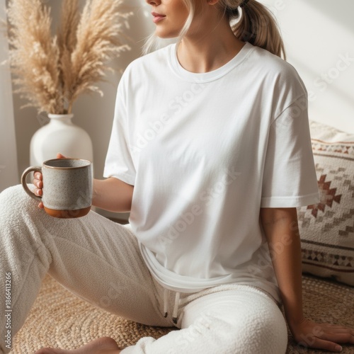 Women's oversized white t-shirt mockup. Young female model wearing basic crewneck tee, lounge pants, sitting in boho-style room. Lady's casual short sleeve t-shirt blank template, indoors