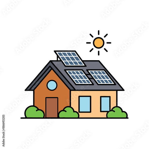 A colorful eco house with solar panel vector art illustration