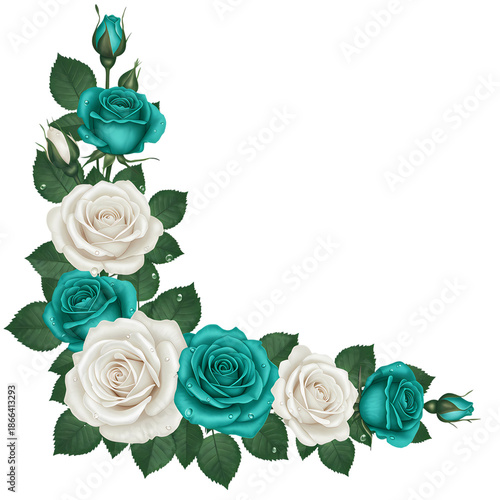 Beautiful teal and white roses forming a decorative border