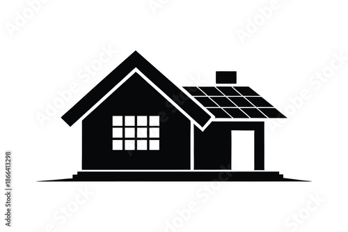 An eco house with solar panel silhouette vector art illustration