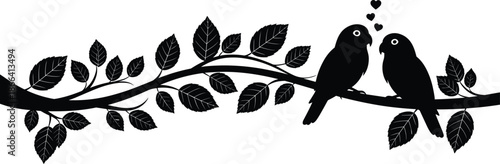 Two birds in love, black silhouette on tree branch, heart shapes above, romantic nature artwork, decorative illustration