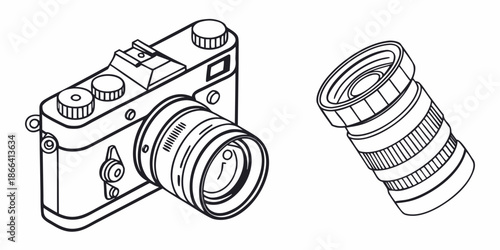 Crisp line art illustration of a vintage-style camera and an additional lens, symbolizing the craft of photography and optical precision for capturing life's moments with clarity and detail