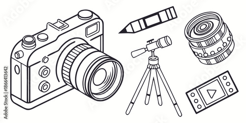 Collection of photographic equipment and accessories, including camera, lens, tripod, and memory card