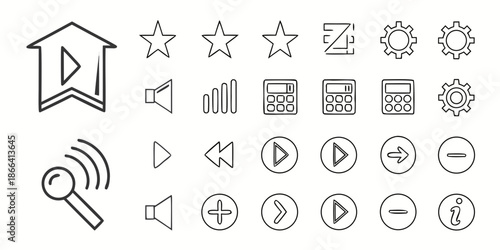 Collection of Various Icons Play, Volume, Settings, Magnifying Glass, and More