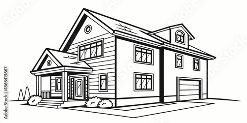 Classic black and white line art illustration of a traditional two-story suburban house, complete with an attached garage and a welcoming front porch, depicting residential architecture
