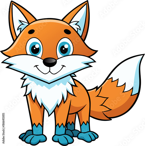  a charming cartoon fox with vibrant orange fur and a fluffy white tail. 