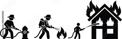 Firefighters fighting fire in house with water hose