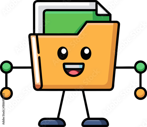 a cheerful file folder with a smiling face, arms, and legs