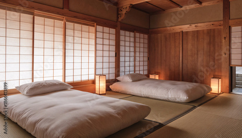 Serene traditional Japanese inn room features futons on tatami mats, with soft lighting and shoji screens creating tranquil atmosphere
