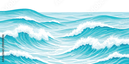 Dynamic illustration of ocean waves with foamy white crests rolling across the surface