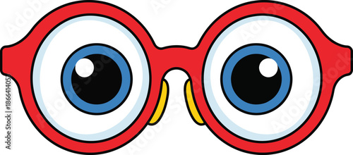 Cute Red Round Eyeglasses With Big Blue Cartoon Eyes Staring Forward Concept Of Vision Optometry And Eye Health Care Symbolizing Curiosity Watching And Fun Geek Style For Kids Design.
