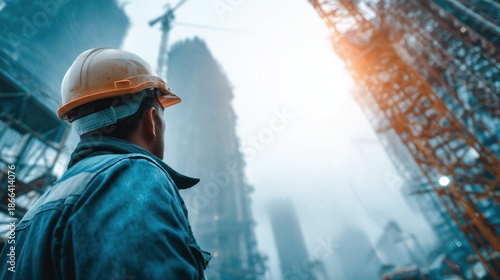 Wallpaper Mural Construction worker in hard hat looks at towering skyscrapers and cranes on a foggy day Torontodigital.ca