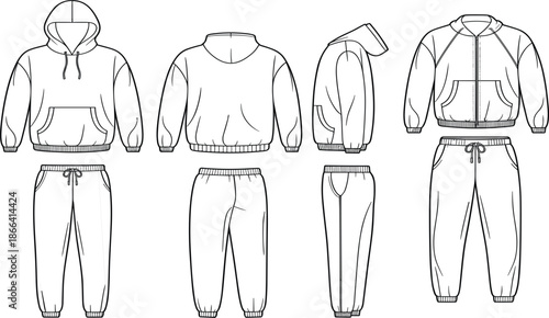 Tracksuit technical sketch set with hoodie and joggers in front, back, and side views for fashion apparel design