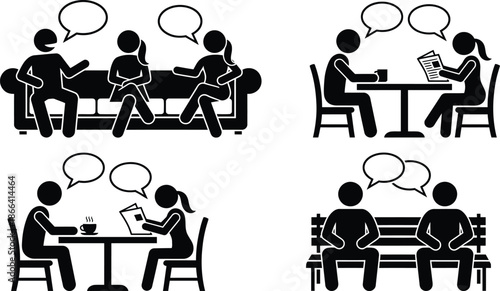 People engaging in conversation in various settings