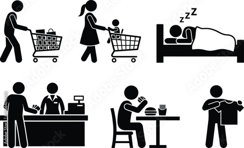 Daily life activities of people illustrated in simple graphics
