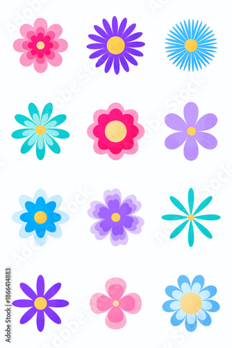 Set of different  flowers with grain texture isolated on white backgrpound. Design elements. Spring and summer elements. Flat flowers for postcards, clipart, celebration,  party, stikers. Vector illus