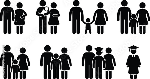 Family life cycle stages represented by simple icons
