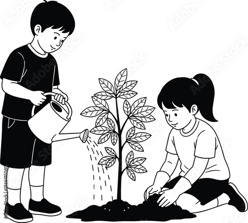Black and White Illustration of Two Young Children Working Together to Plant and Water a Small Tree for Environmental Education Projects