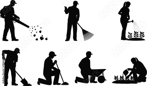 Collection of Detailed Black Silhouettes Featuring Male and Female Gardeners Using Leaf Blowers Rakes Wheelbarrows and Watering Cans for Professional Landscaping Services