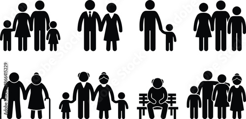 Different family structures and generations represented by simple icons