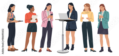 Flat minimalist illustration of diverse professional women standing, wearing modern business outfits and holding documents, laptop, phone, tablet. Vector iolated on transparent background
