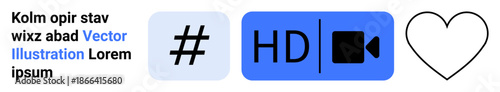 metadata tag in a blue square, HD video icon in a blue rectangle, outlined heart symbol. Ideal for social media, content creation, streaming, communication, video apps, branding simple landing page