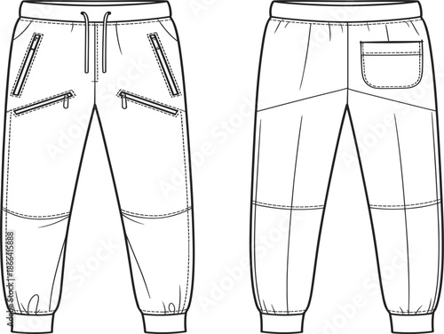 Men's cargo joggers technical sketch set with zipper pockets and elastic cuffs in front and back views