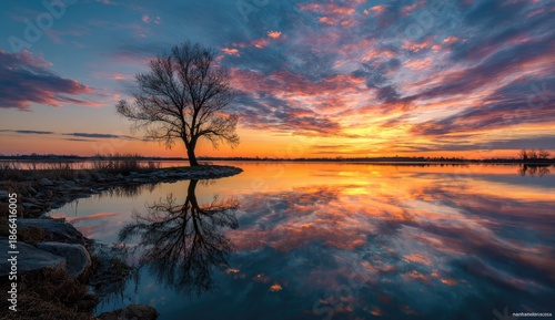 A tranquil lakeside scene at dawn, with colorful clouds reflecting on smooth water