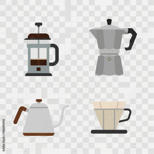 A collection of various coffee brewing methods and equipment, including a French press, moka pot, gooseneck kettle, and pour-over dripper.