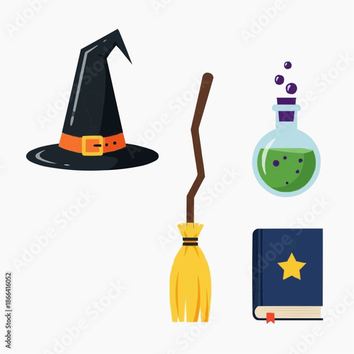 A collection of witch-themed items including a hat, broom, potion, and spellbook.