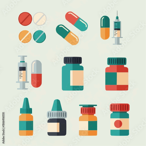 A collection of various medical supplies including pills, capsules, syringes, and bottles in a flat design style, illustrating healthcare and pharmaceutical items.