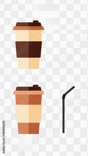 Two disposable coffee cups with lids and a straw, ready for hot or cold beverages on a transparent background.
