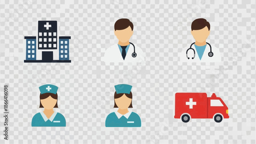 Flat design healthcare icons featuring a hospital, doctors, nurses, and an ambulance on a transparent background.