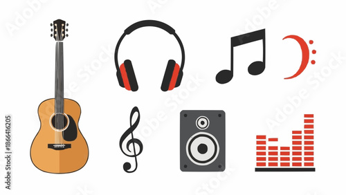 Flat design vector illustration of various music-related icons on a white background.