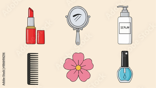 A collection of beauty and personal care items including lipstick, mirror, serum, comb, flower, and nail polish.