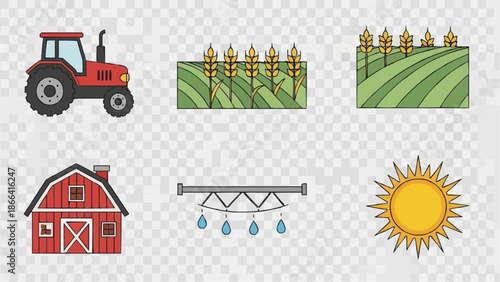 Collection of farming and agriculture icons including a red tractor, wheat fields, a barn, an irrigation system, and the sun.