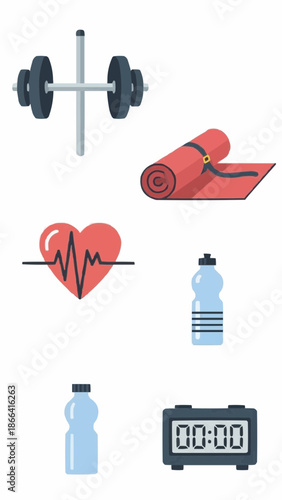 A collection of fitness and workout equipment including a barbell, yoga mat, heart rate monitor, water bottles, and a digital timer.