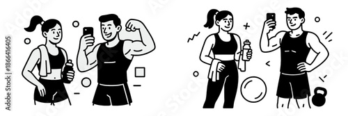 Fitness enthusiasts taking selfies in gym during workout session