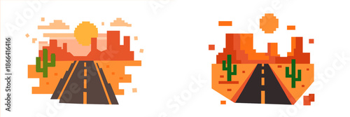 Desert highway with sunset and skyline vector illustration