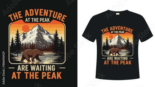 The adventure at the peak bear t-shirt design, vintage mountain nature vector, wild animal hiking illustration for clothing print.