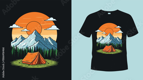 Camping tent and mountain landscape vector t-shirt design, outdoor adventure nature illustration, summer hiking sunset scenery for clothing print.