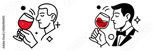 Elegant men enjoying red wine in a minimalist vector illustration