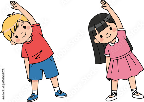 Cute Kids Stretching Exercise Cartoon Illustration, Boy and Girl Doing Side Bend Warm Up for Children Fitness, School Activities, Physical Education and Healthy Lifestyle Concepts
