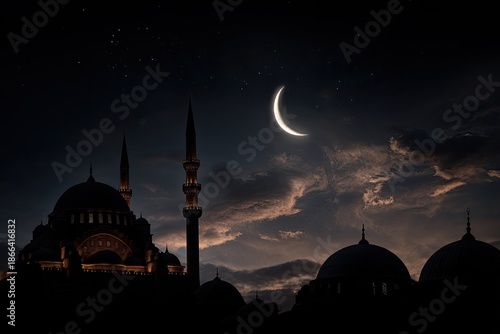 Silhouette of a mosque under a crescent moon in a night sky with clouds