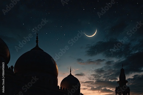 Silhouette of mosque domes under a starry night sky with a crescent moon