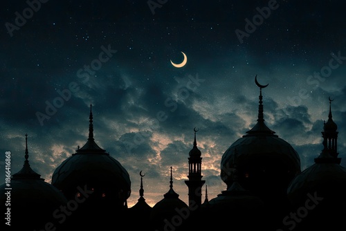 Silhouetted domes and minarets beneath a crescent moon and starry night sky