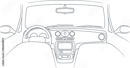 Car interior dashboard line art illustration with steering wheel, windshield, and rearview mirror from driver perspective