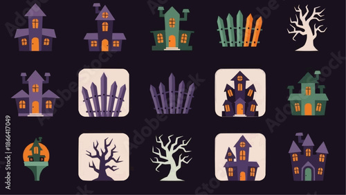 Various spooky Halloween-themed illustrations including haunted houses, creepy fences, and dead trees on a dark background.