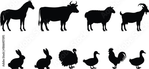 Black Silhouette Collection of Farm Animals and Livestock Including Cow Pig Goat Deer Chicken Duck Turkey Rabbit and Fish Vector